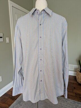 Robert Graham Men's Button Down Shirt Blue Yellow Stripe Flip Cuff Cotton Large